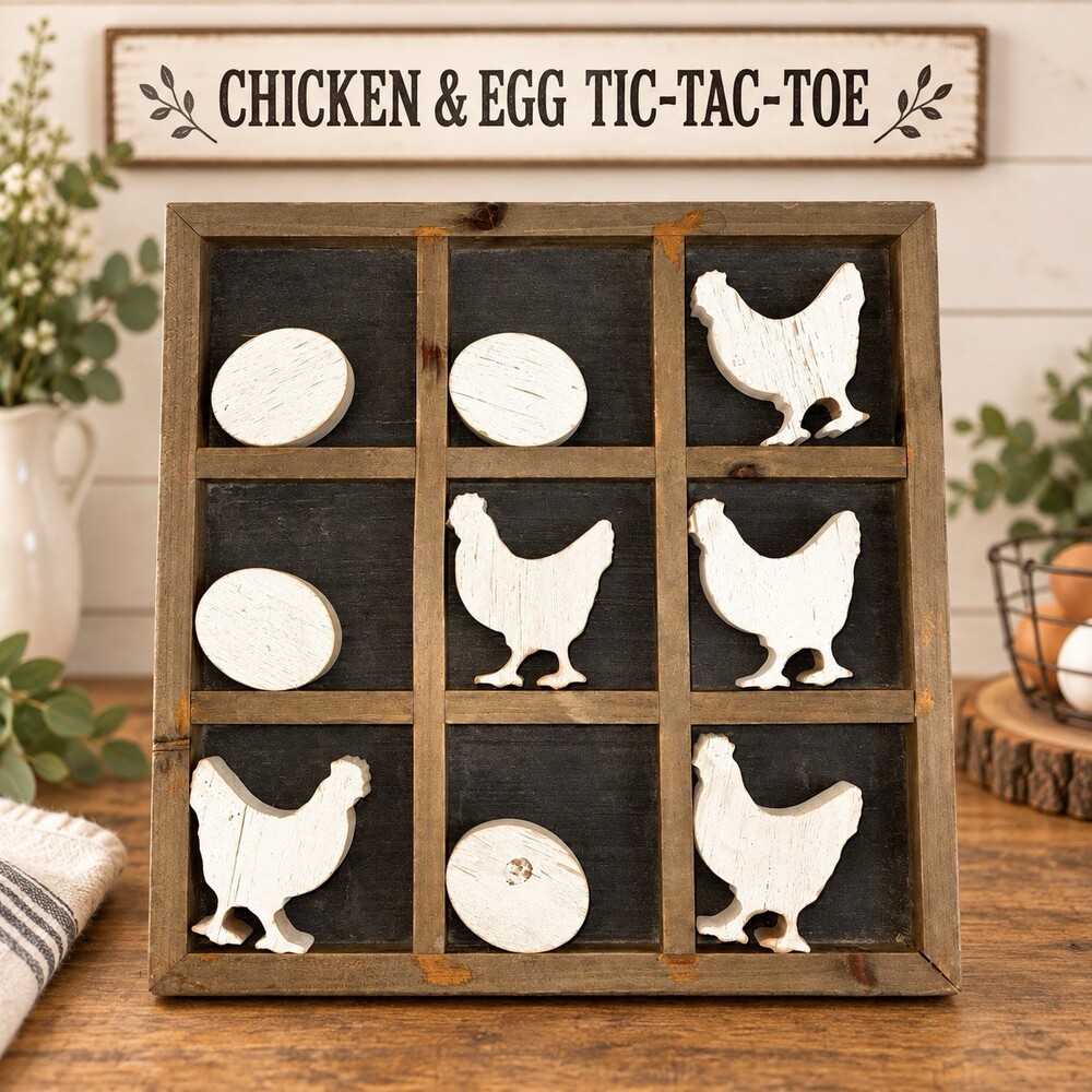 Hobby Lobby Chicken & Egg Wood Tic Tac Toe Farmhouse Decor 12” x 12” Cottagecore